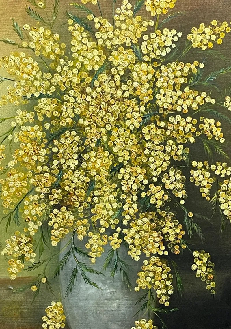 Discount Pamono Luraschi, Vase of Mimosas, 20th Century, Oil Painting on Panel, Framed