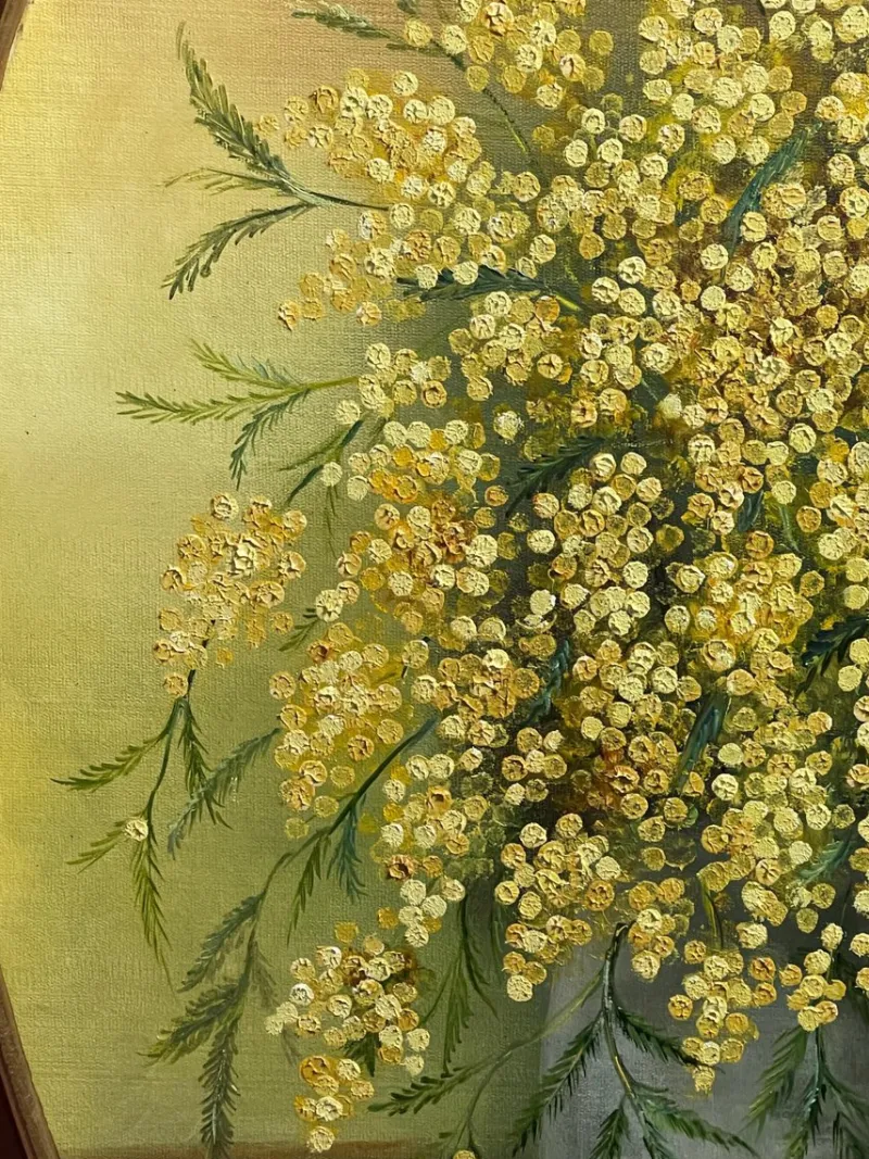 Discount Pamono Luraschi, Vase of Mimosas, 20th Century, Oil Painting on Panel, Framed