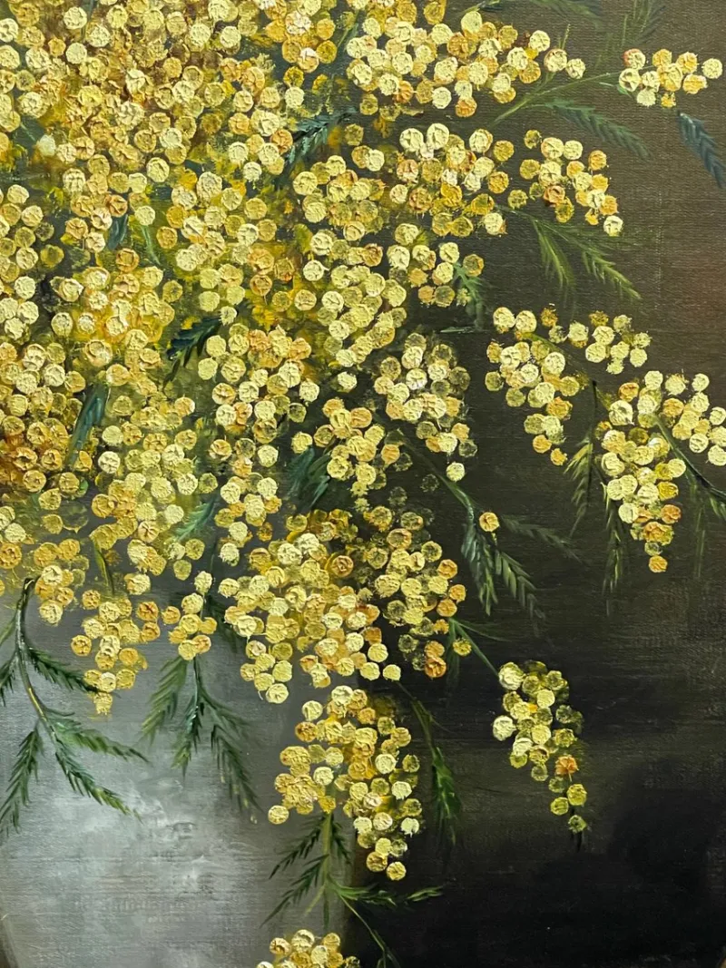 Discount Pamono Luraschi, Vase of Mimosas, 20th Century, Oil Painting on Panel, Framed