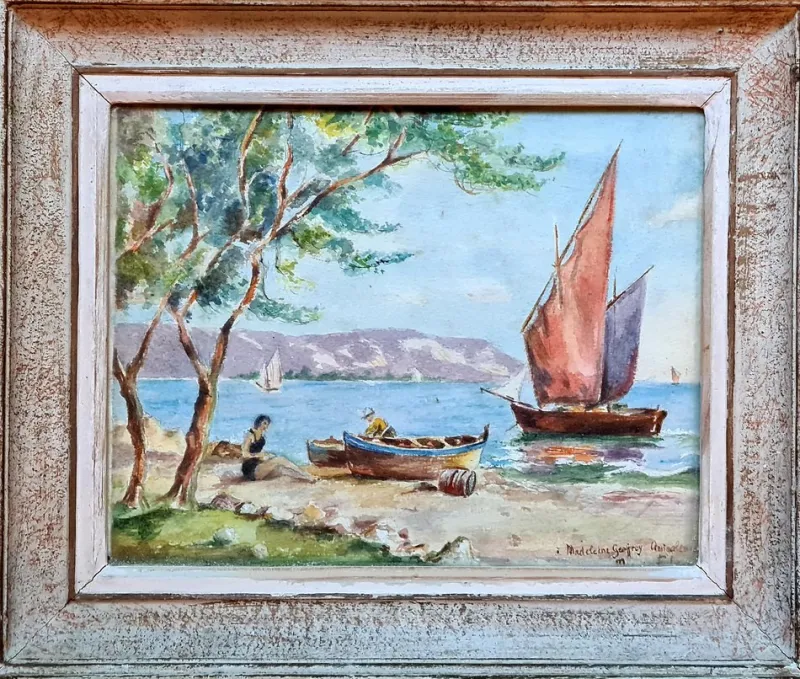 Online Pamono Madelaine Geoffroy, Day at the Beach, Gouache & Watercolour, 1950s