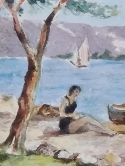 Online Pamono Madelaine Geoffroy, Day at the Beach, Gouache & Watercolour, 1950s