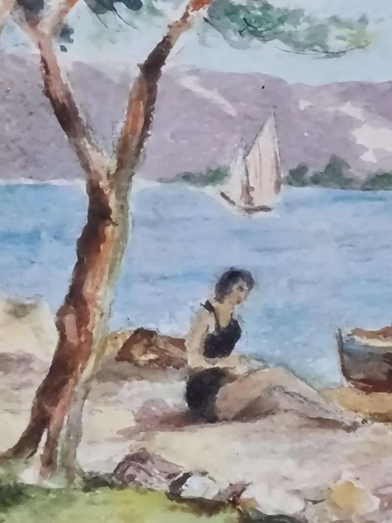 Online Pamono Madelaine Geoffroy, Day at the Beach, Gouache & Watercolour, 1950s