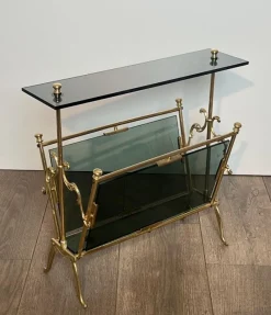 Pamono Magazine Rack in Brass and Bluish Glass> Magazine Racks