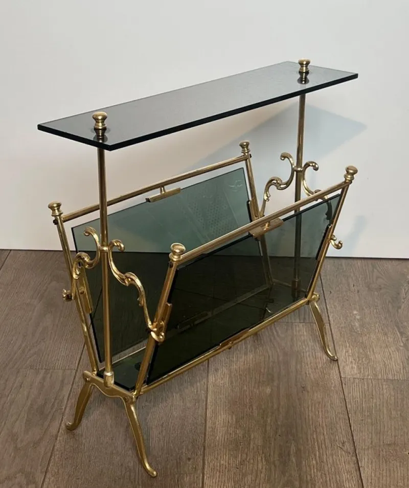Pamono Magazine Rack in Brass and Bluish Glass> Magazine Racks