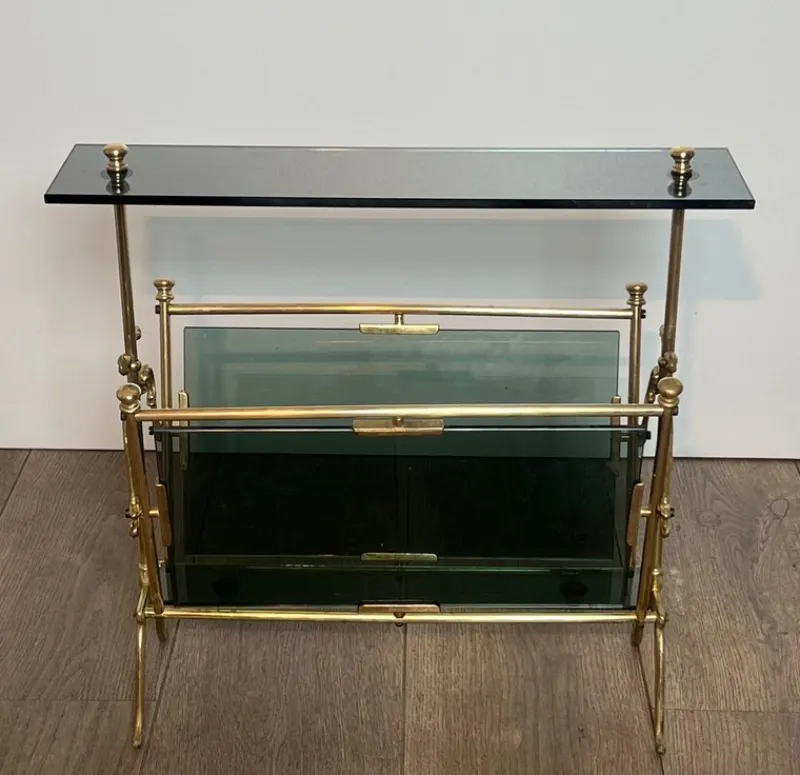 Pamono Magazine Rack in Brass and Bluish Glass> Magazine Racks