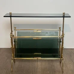 Pamono Magazine Rack in Brass and Bluish Glass><noscript><img width=