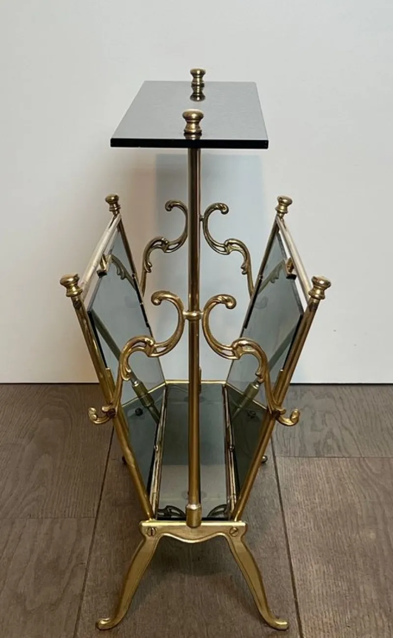 Pamono Magazine Rack in Brass and Bluish Glass> Magazine Racks