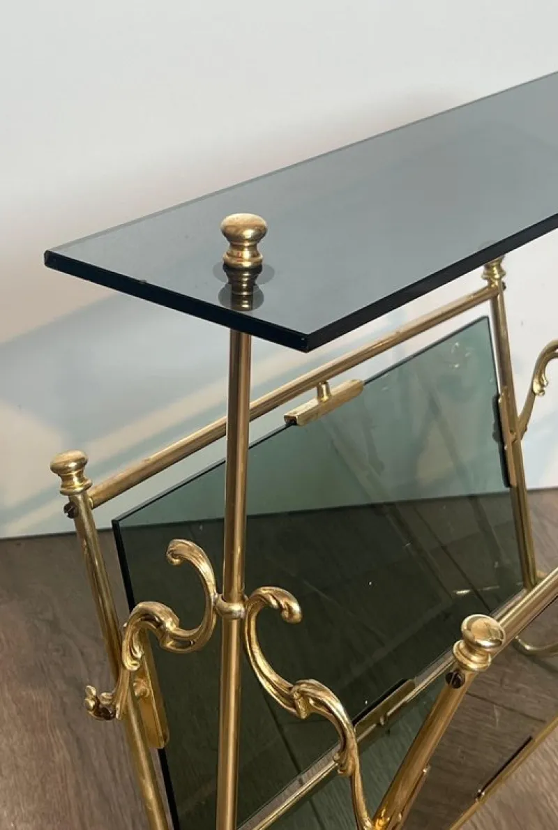 Pamono Magazine Rack in Brass and Bluish Glass> Magazine Racks