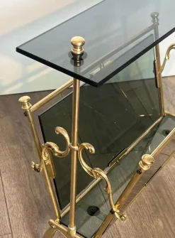 Pamono Magazine Rack in Brass and Bluish Glass><noscript><img width=