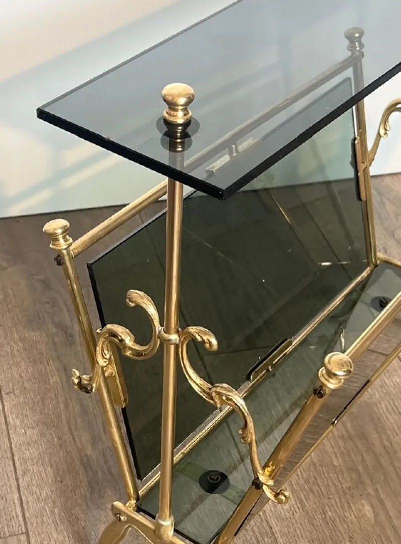 Pamono Magazine Rack in Brass and Bluish Glass> Magazine Racks