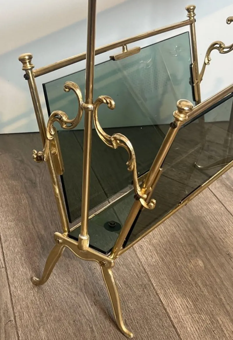 Pamono Magazine Rack in Brass and Bluish Glass> Magazine Racks