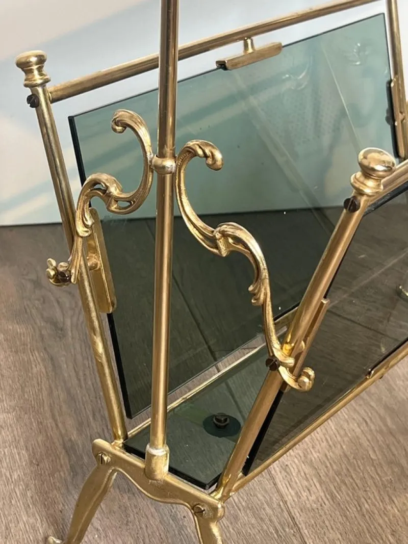 Pamono Magazine Rack in Brass and Bluish Glass> Magazine Racks