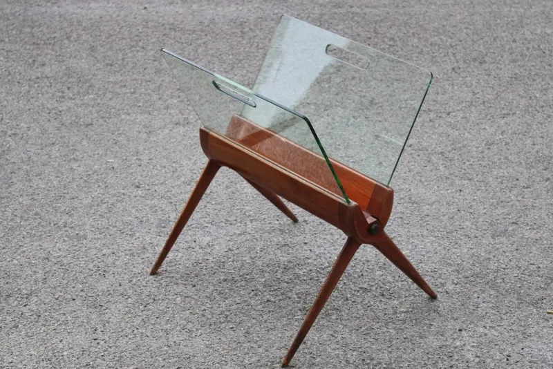Pamono Magazine Rack in Cherry and Glass attributed to Cesare Lacca for Cassina, Italy, 1950s> Magazine Racks