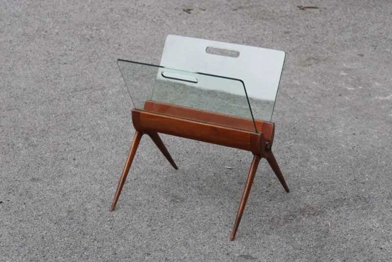 Pamono Magazine Rack in Cherry and Glass attributed to Cesare Lacca for Cassina, Italy, 1950s> Magazine Racks