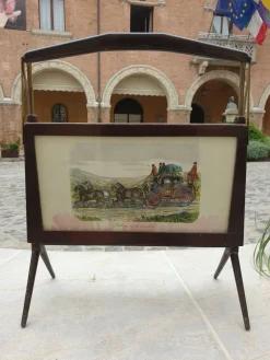 Pamono Magazine Rack in Wood and Brass with Paintings, 1970s