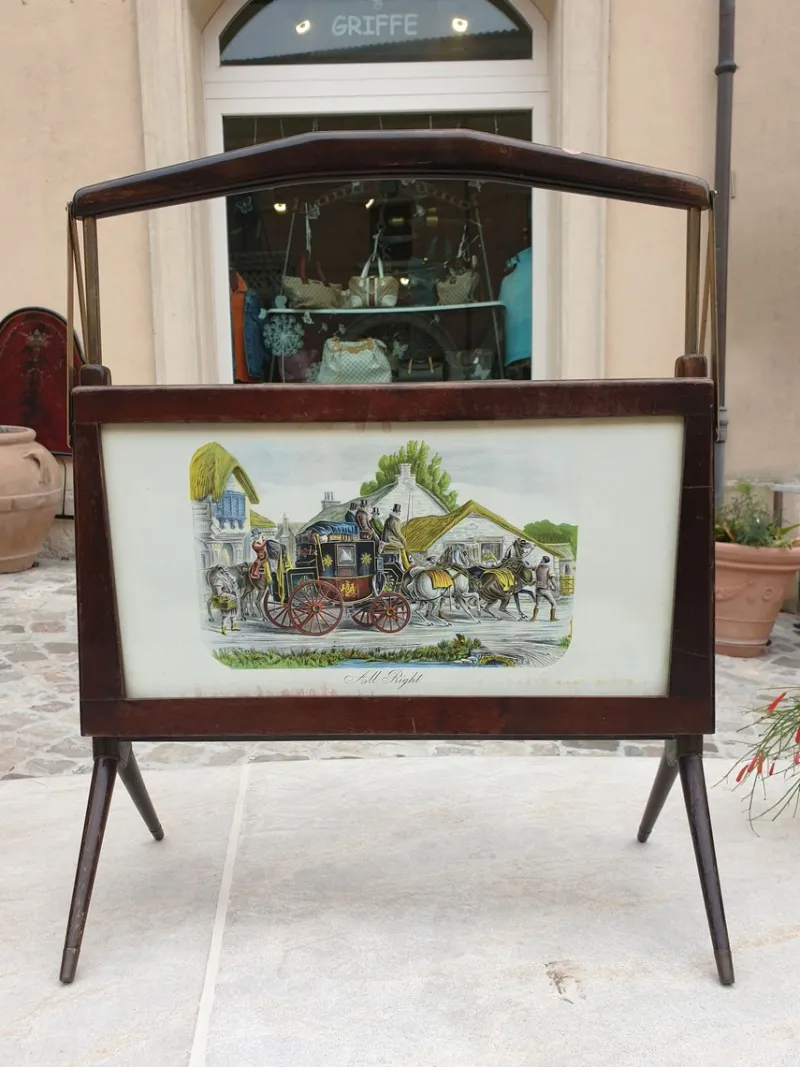 Pamono Magazine Rack in Wood and Brass with Paintings, 1970s