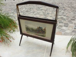 Pamono Magazine Rack in Wood and Brass with Paintings, 1970s