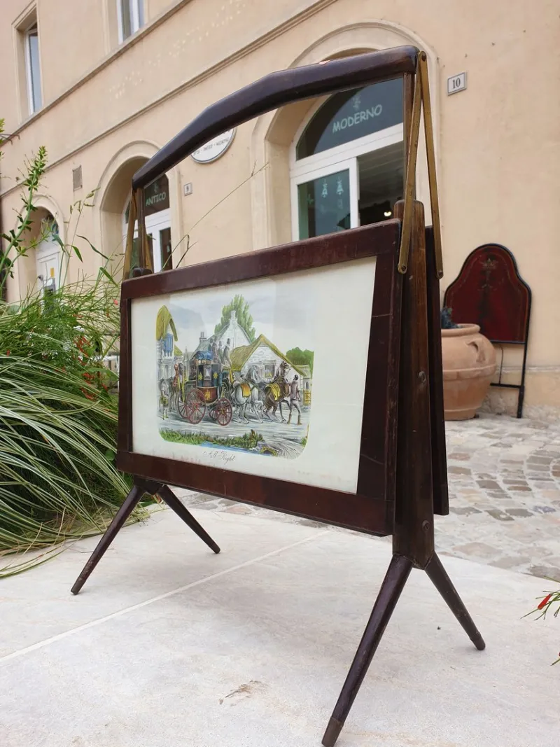 Pamono Magazine Rack in Wood and Brass with Paintings, 1970s