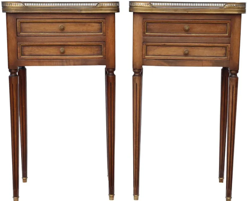 Pamono Mahogany and Marble Bedside Tables, 1925, Set of 2> Nightstands