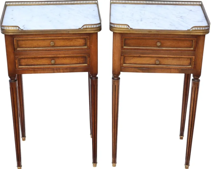 Pamono Mahogany and Marble Bedside Tables, 1925, Set of 2> Nightstands