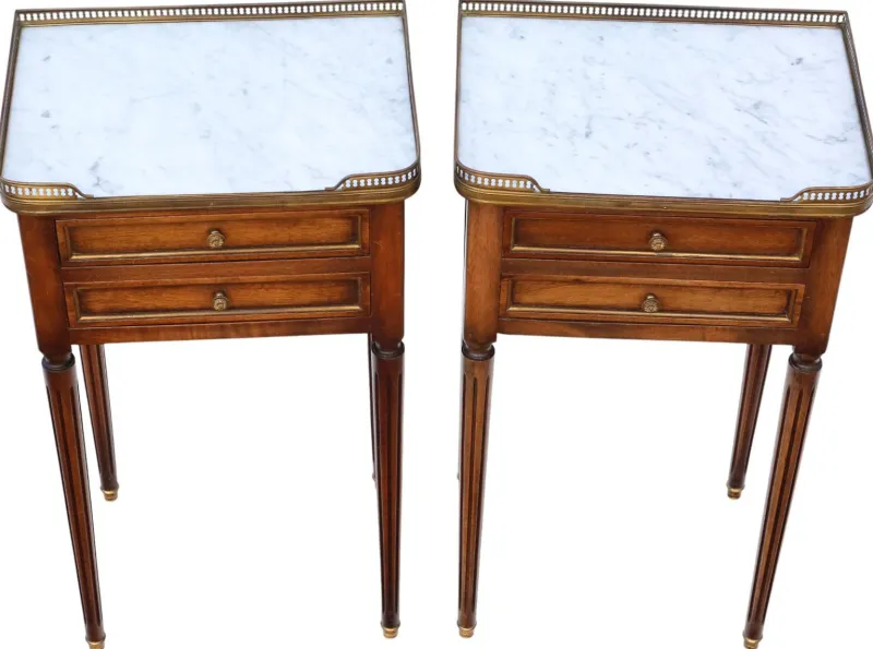 Pamono Mahogany and Marble Bedside Tables, 1925, Set of 2> Nightstands