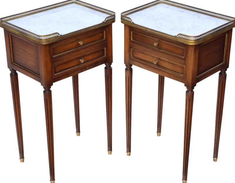 Pamono Mahogany and Marble Bedside Tables, 1925, Set of 2> Nightstands