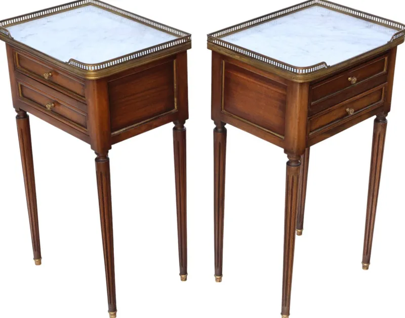 Pamono Mahogany and Marble Bedside Tables, 1925, Set of 2> Nightstands