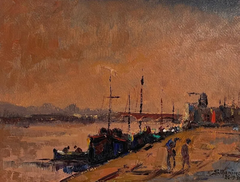Pamono Manfredi, Boats on the Seine, 20th Century, Oil Painting on Panel> Painting