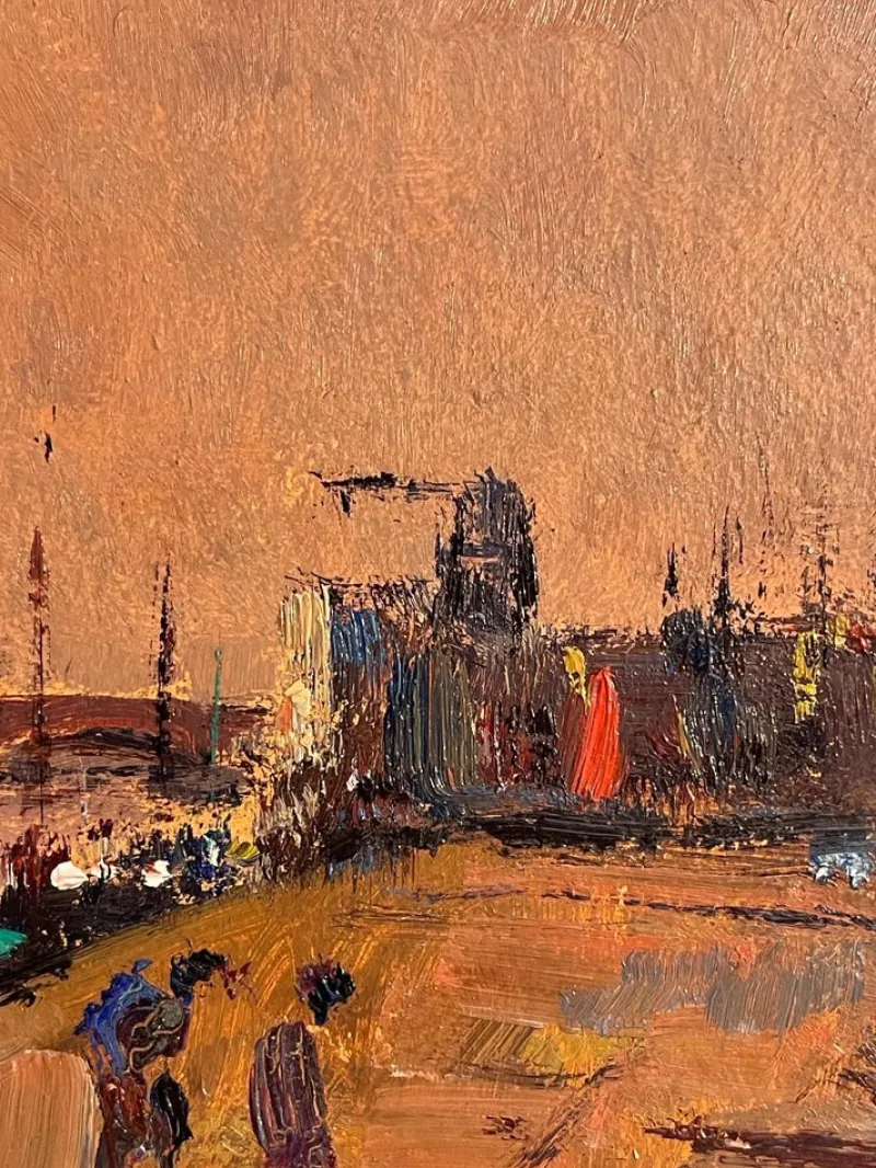 Pamono Manfredi, Boats on the Seine, 20th Century, Oil Painting on Panel> Painting