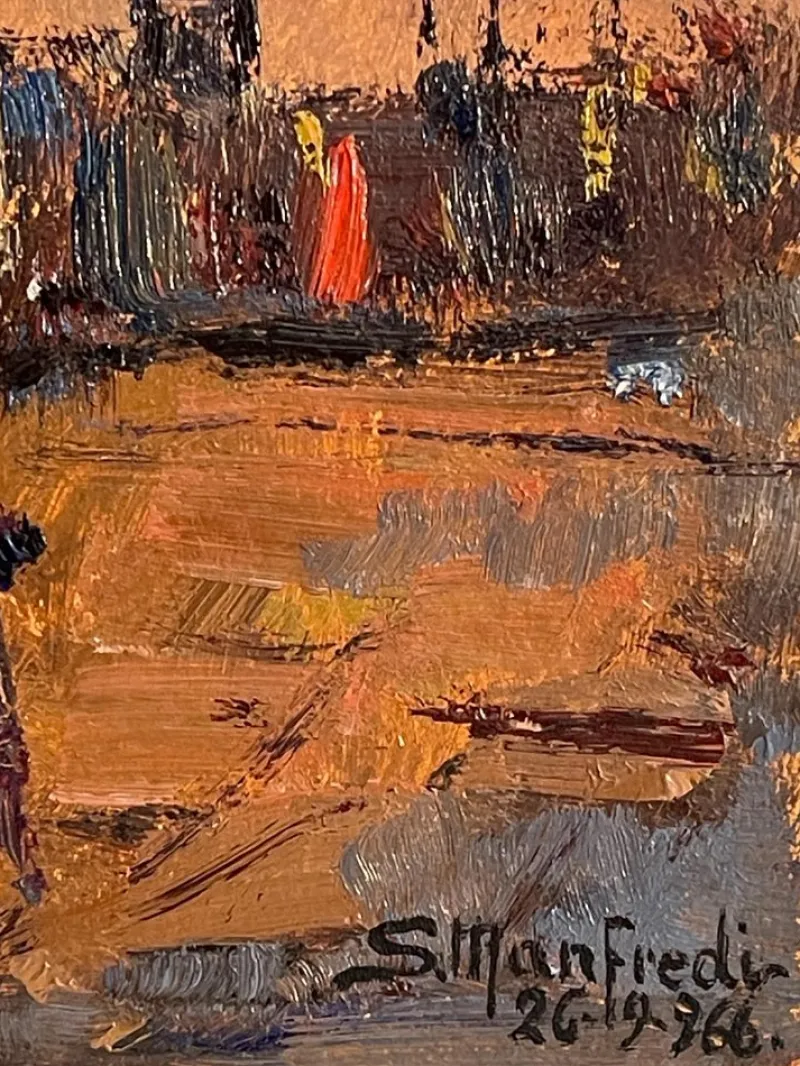 Pamono Manfredi, Boats on the Seine, 20th Century, Oil Painting on Panel> Painting