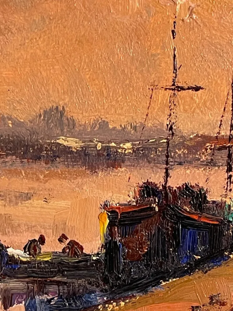 Pamono Manfredi, Boats on the Seine, 20th Century, Oil Painting on Panel> Painting