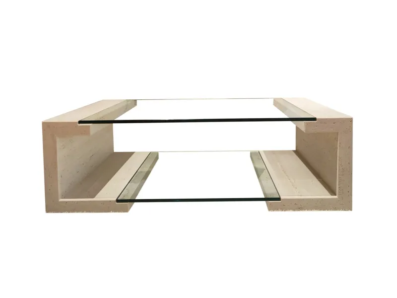 New Pamono Manila Coffee Table in Italian Travertine Marble and Glass by Joaquín Moll