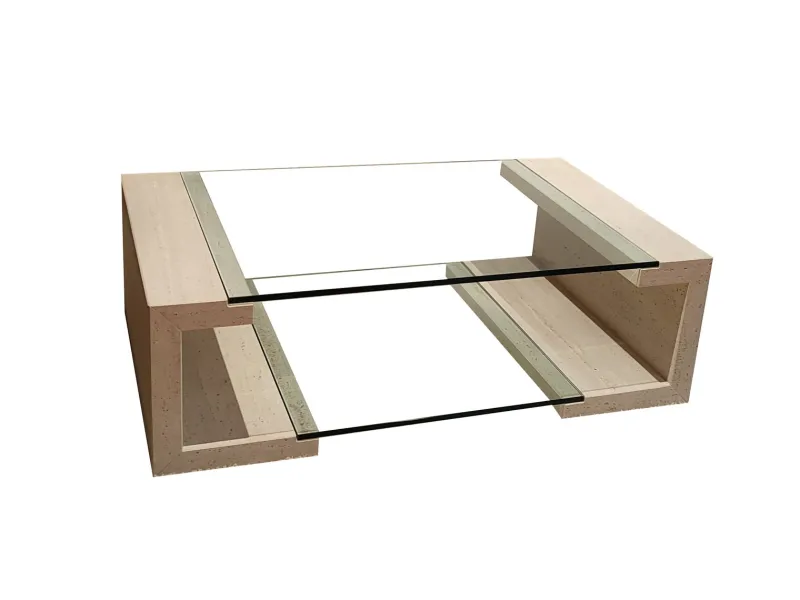 New Pamono Manila Coffee Table in Italian Travertine Marble and Glass by Joaquín Moll