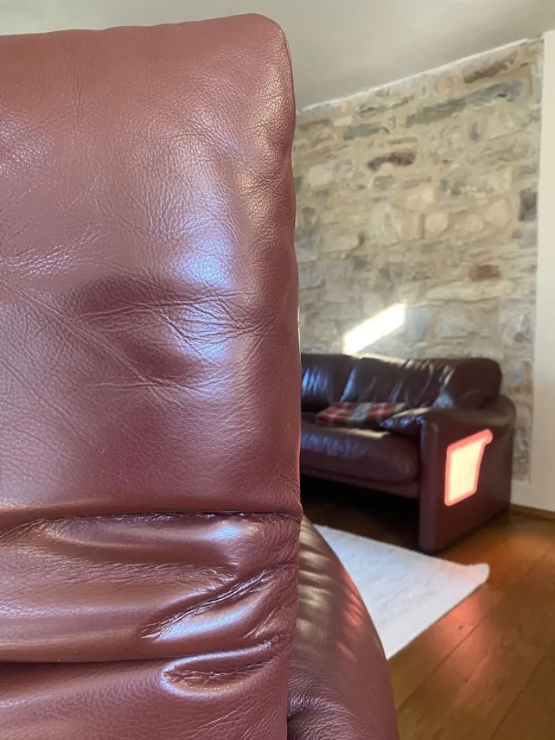 Pamono Maralunga Sofa and Armchairs in Burgundy Leather by Vico Magistretti for Cassina, 2000s, Set of 3