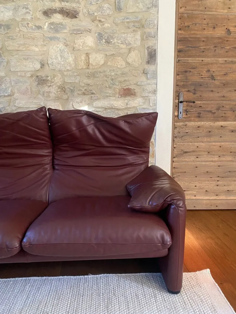 Pamono Maralunga Sofa and Armchairs in Burgundy Leather by Vico Magistretti for Cassina, 2000s, Set of 3