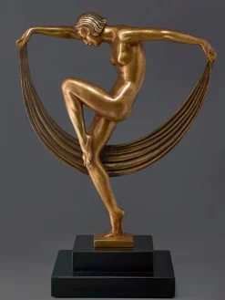 Pamono Marcel Bouraine / Denis, Art Deco Sculpture of Dancer with Veil, 1920s-1940s, Bronze on Marble> Art Deco