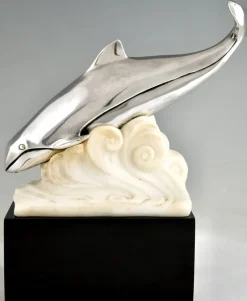 Pamono Marcel Bouraine, Art Deco Whale in the Waves, 1925, Bronze