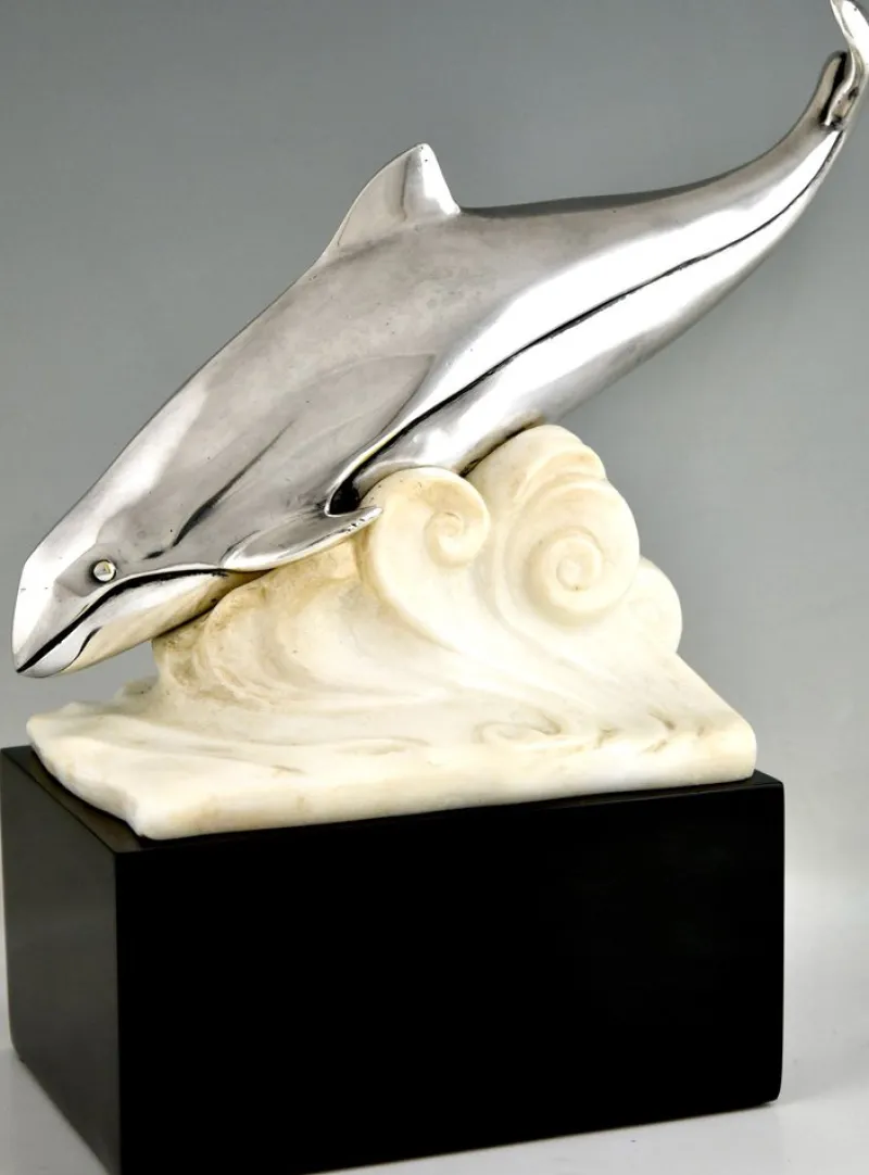 Pamono Marcel Bouraine, Art Deco Whale in the Waves, 1925, Bronze