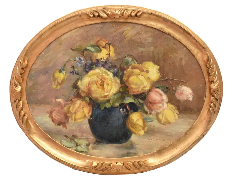 Pamono Marie Antoinette Queroy, Still Life with Yellow Roses, 20th Century, Oil on Canvas, Framed> Art Deco