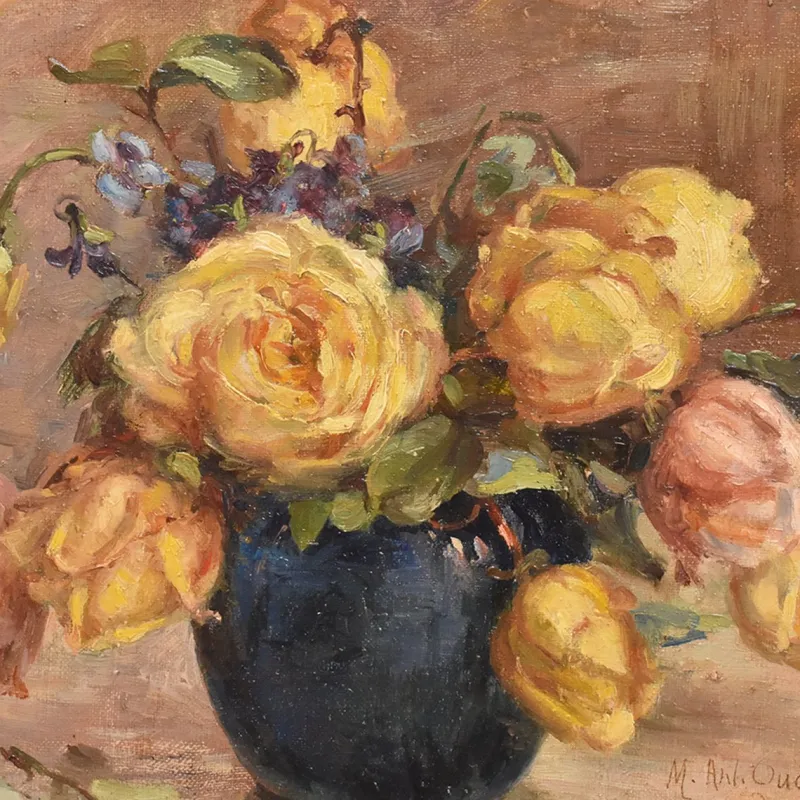 Pamono Marie Antoinette Queroy, Still Life with Yellow Roses, 20th Century, Oil on Canvas, Framed> Art Deco