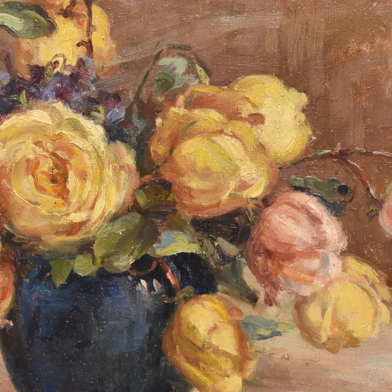 Pamono Marie Antoinette Queroy, Still Life with Yellow Roses, 20th Century, Oil on Canvas, Framed> Art Deco