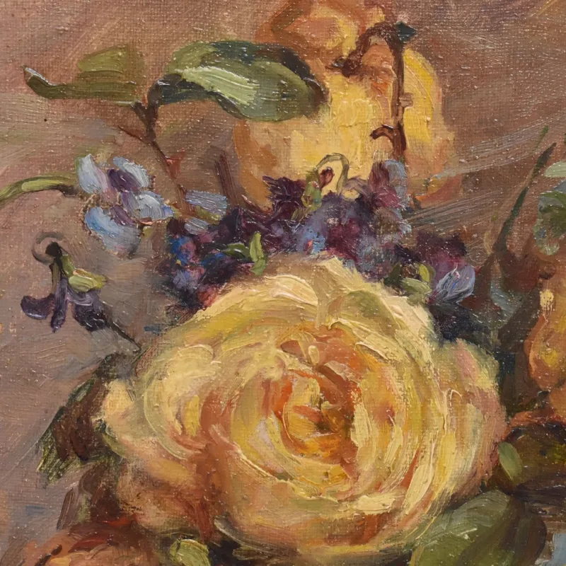 Pamono Marie Antoinette Queroy, Still Life with Yellow Roses, 20th Century, Oil on Canvas, Framed> Art Deco