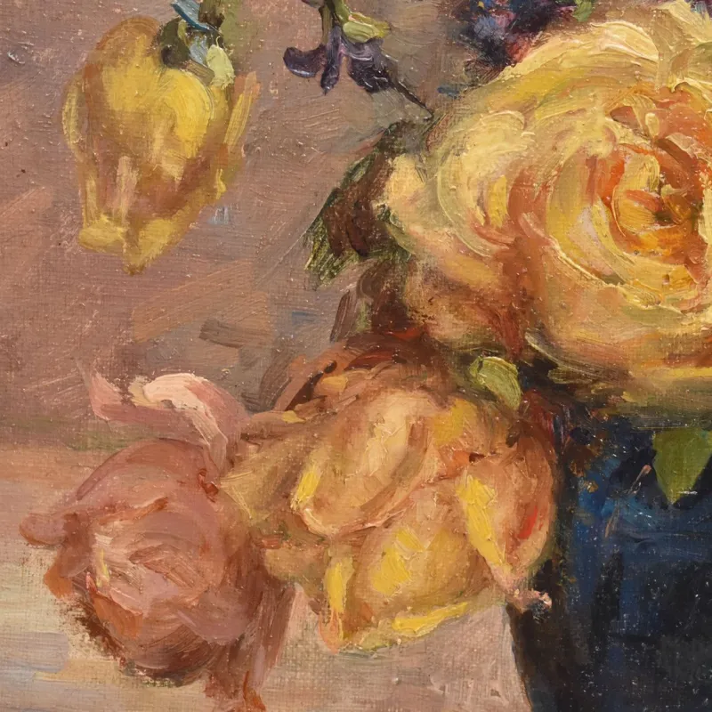 Pamono Marie Antoinette Queroy, Still Life with Yellow Roses, 20th Century, Oil on Canvas, Framed> Art Deco