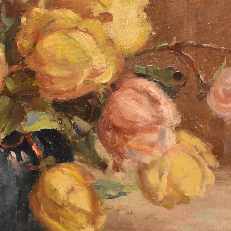 Pamono Marie Antoinette Queroy, Still Life with Yellow Roses, 20th Century, Oil on Canvas, Framed> Art Deco