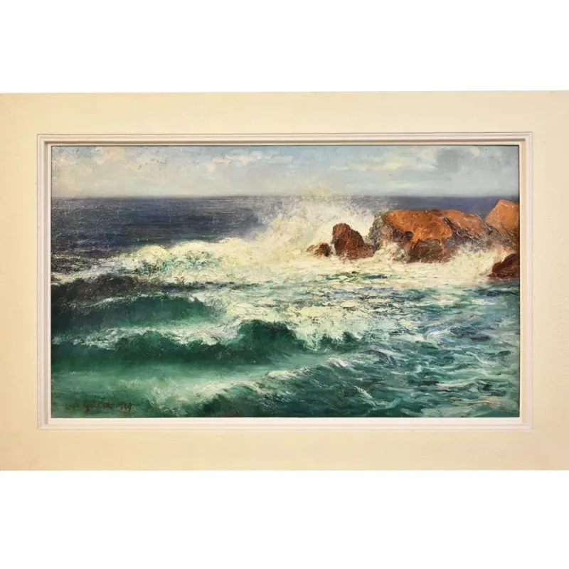 Outlet Pamono Marine Painting, Waves and Rock Painting, 20th-Century