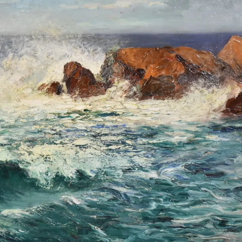 Outlet Pamono Marine Painting, Waves and Rock Painting, 20th-Century