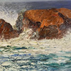 Outlet Pamono Marine Painting, Waves and Rock Painting, 20th-Century