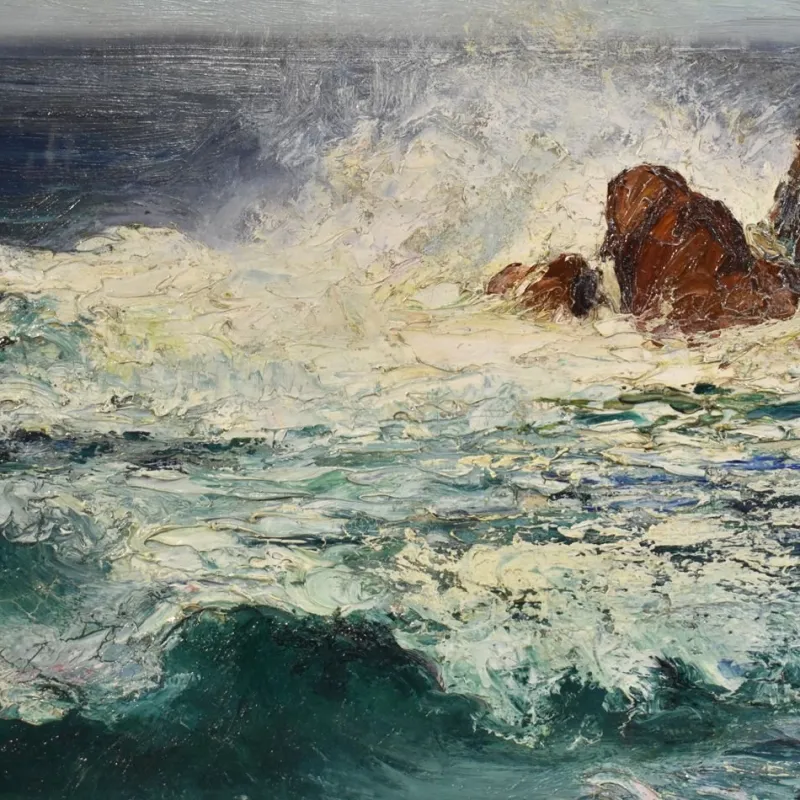 Outlet Pamono Marine Painting, Waves and Rock Painting, 20th-Century