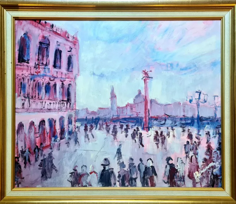 Pamono Mario Bonamici, Piazza San Marco, Doge's Palace, Venice, 1950s, Oil on Panel, Framed