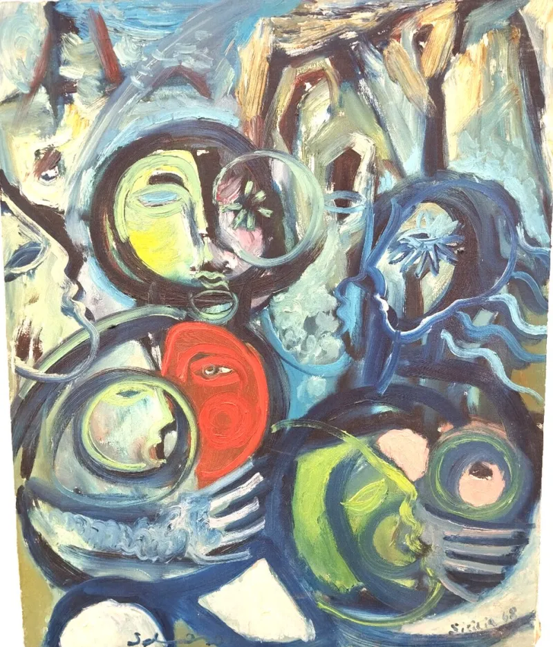 Pamono Mario Salmaso, Mediterranean People, 1960s, Oil on Canvas> Abstraction|Painting
